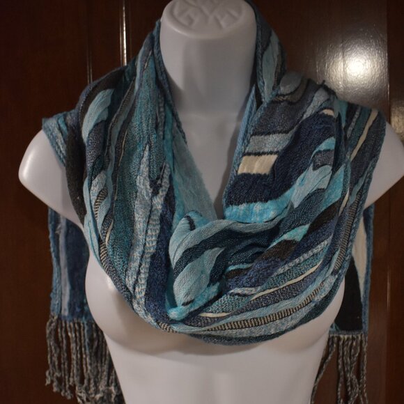 Tolani Blue Black Colorful Long Fringe Scarf - Picture 7 of 10